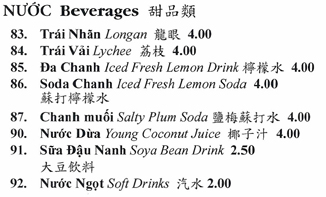 Menu, Truong Thanh Vietnamese Restaurant, Commercial Dr, Vancouver BC