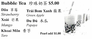 Menu, Truong Thanh Vietnamese Restaurant, Commercial Dr, Vancouver BC