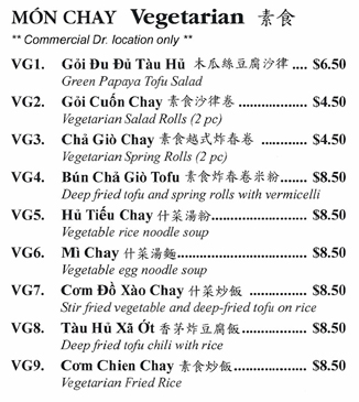 Menu, Truong Thanh Vietnamese Restaurant, Commercial Dr, Vancouver BC